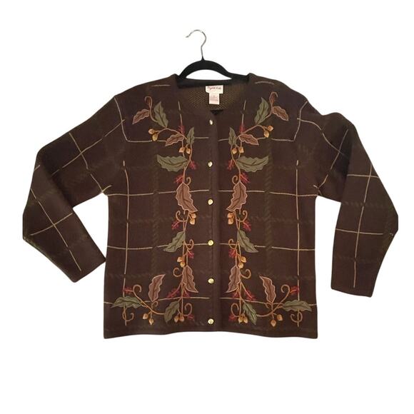 Crystal-Kole - WOMAN M Cardigan - Brown Autumn Embroidery - Thanksgiving - EUC - Picture 1 of 8